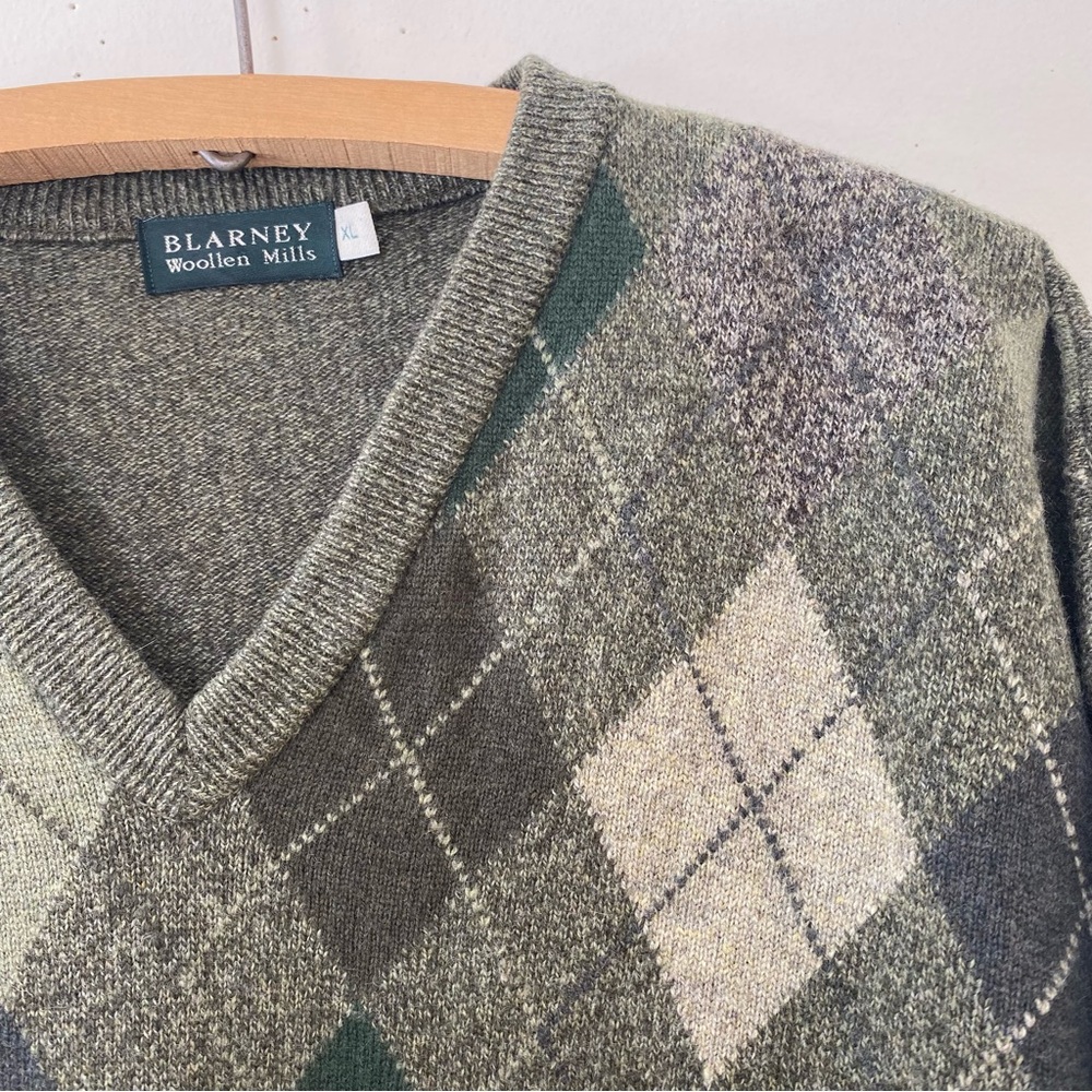 Blarney Woollen Mills Wool Sweater Green Argyle Lambswool Men’s XL Irish - Picture 2 of 7